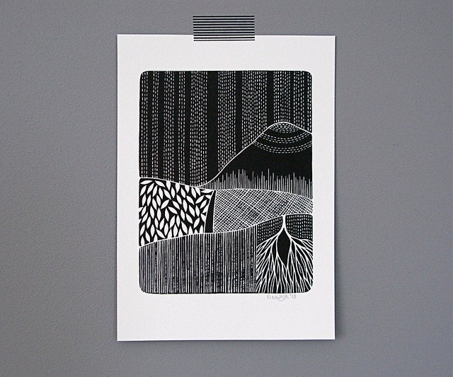 patterned landscape 2 // archival 5x7 fine art print from my original black and white watercolour painting // by natasha newton