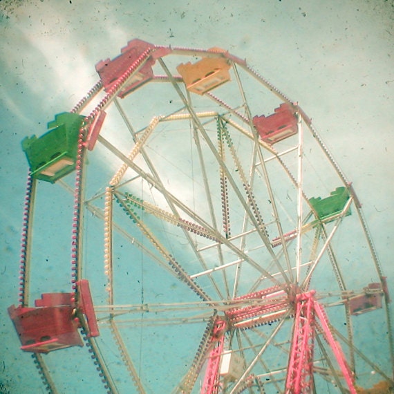 Big Wheel II - Carnival photography, fairground, ferris wheel, nursery art, kids decor, pastel colors, pink, yellow, green 8x8 Print
