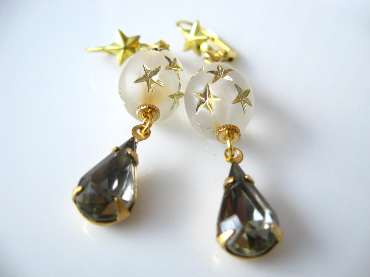 Stars and Diamonds Earrings - Gold Metallic and Black Diamond Crystal Drops - Celestial Silver Gray, Gold Dangles - Gift Box