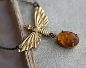 Gold Moth Necklace - Victorian Brass Moth with Vintage Honey Amber Dappled Glass Cabochon - Spring Fashion - Gift Box