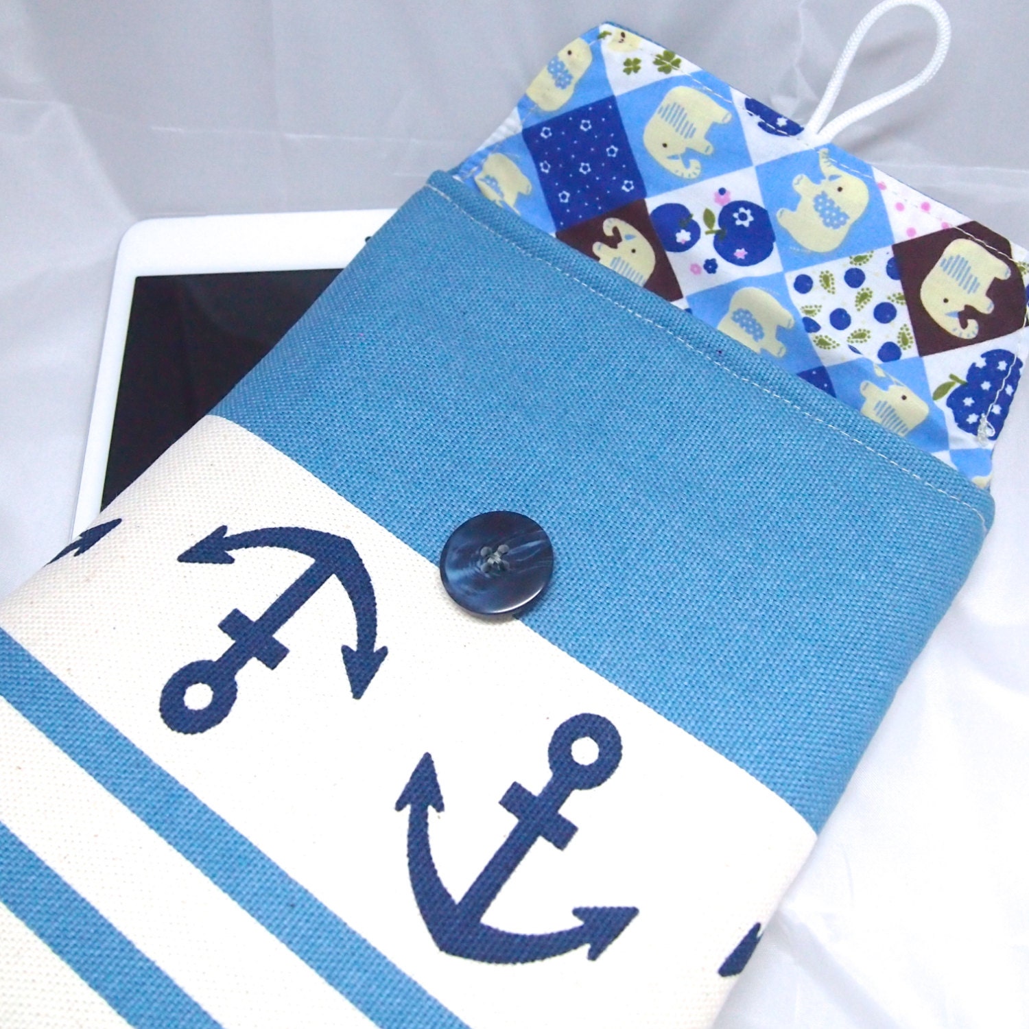 Padded Case for iPad mini / E-Reader /  Small Tablets - Nautical anchor stripes