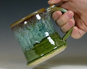 Small cup, coffee mug, ceramic, teacup, glazed in green brown,  handmade stoneware by hughes pottery
