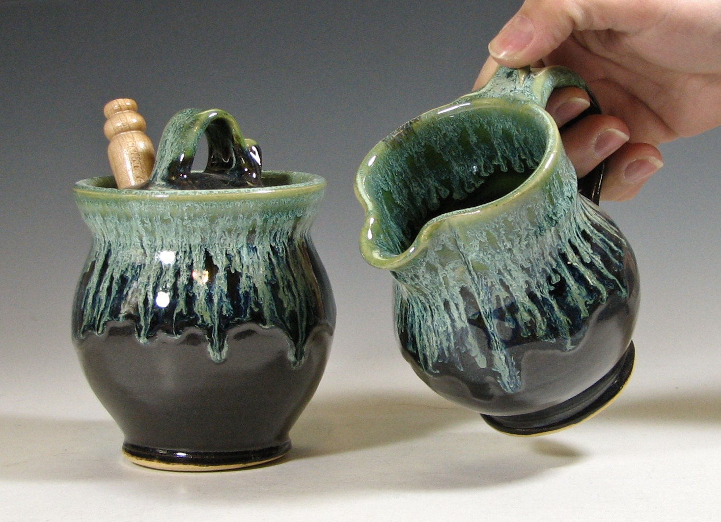 Cream and sugar set, ceramic creamer, sugar bowl jar lidded, glazed in gray and green, handmade stoneware by hughes pottery