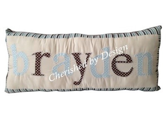 Brown Light Blue Personalized Name Pillow Il_570xn