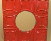 TIN CEILING Metal Mirror 17"x17" Round RED Shabby Decorative Chic Recycled S 1063-13