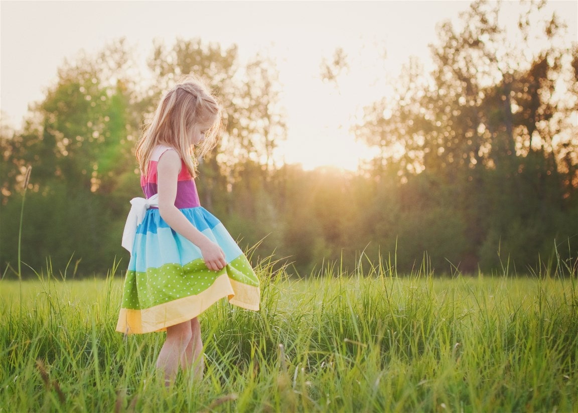 Girls Rainbow  JOY Dress with Peter Pan Collar and Bow Tie... Sizes 12/18M through 14