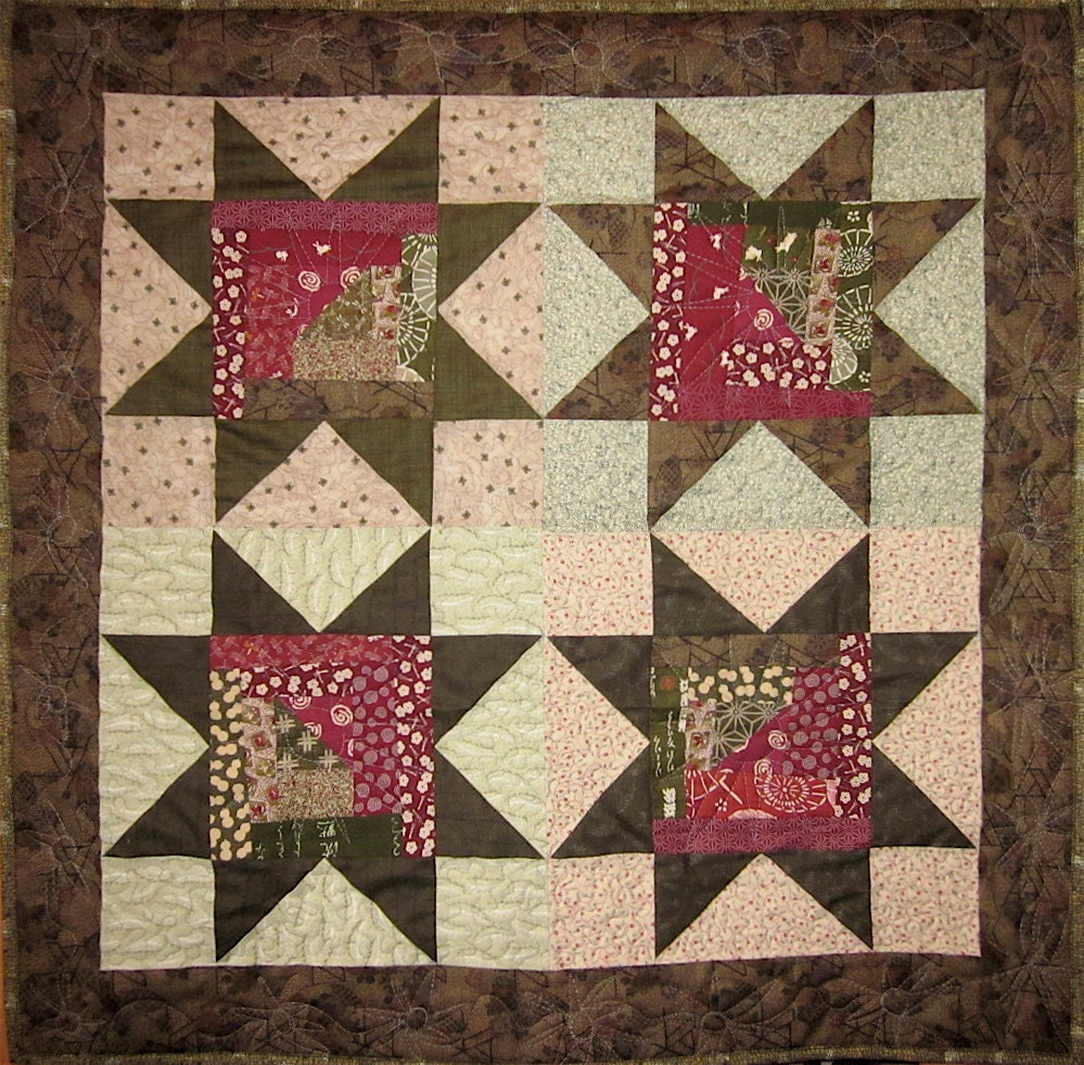 Patchwork Quilt - olive and red Japanese Sawtooth Star wall hanging