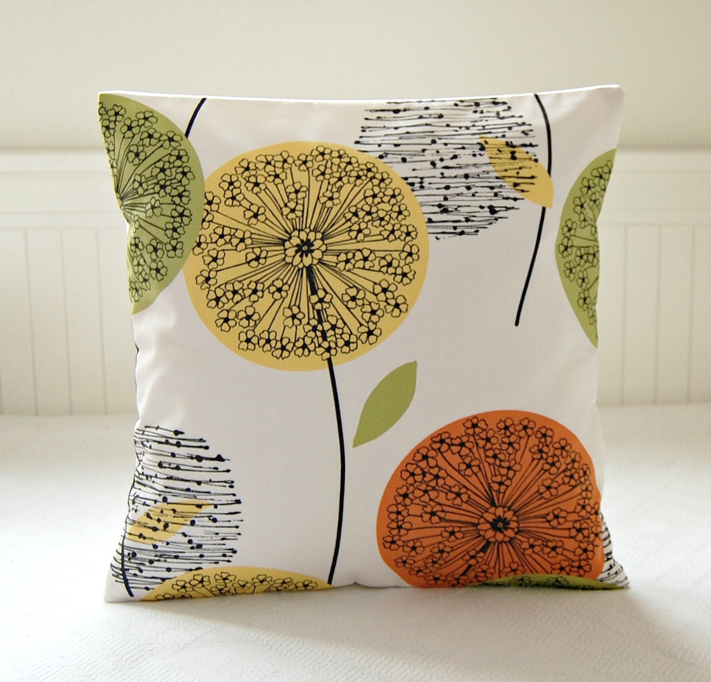 lemon yellow, orange, green dandelion pillow cover, citrus flower cushion cover 16 inch
