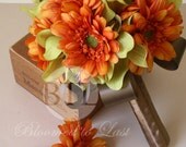 Fall Silk Premium Orange Gerbera Daisies, Green Cymbidium Orchid Wedding BOUQUET & BOUTONNIERE Set