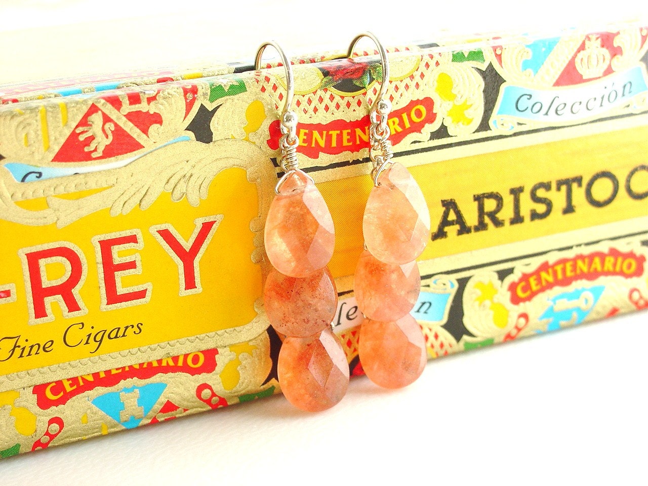 Tangerine Orange Mango Papaya Quartz Triple Teardrop Earrings with Sterling Silver