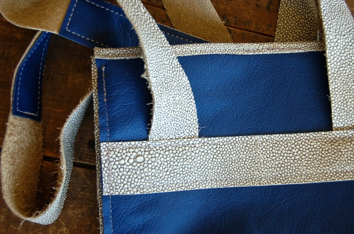 bright blue and stingray repurposed leather tote