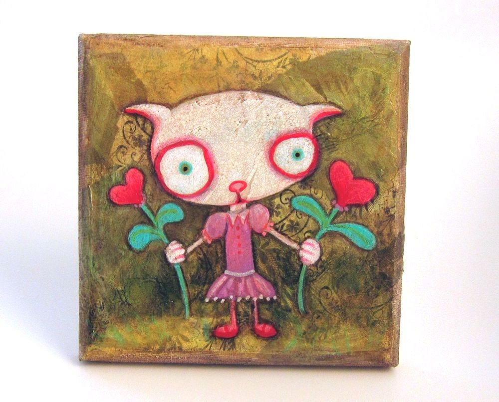 Geneve, with her heart flowers - small original mixed media cat painting outsider folk art