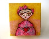 Frida - pink and yellow original folk art mixed media painting