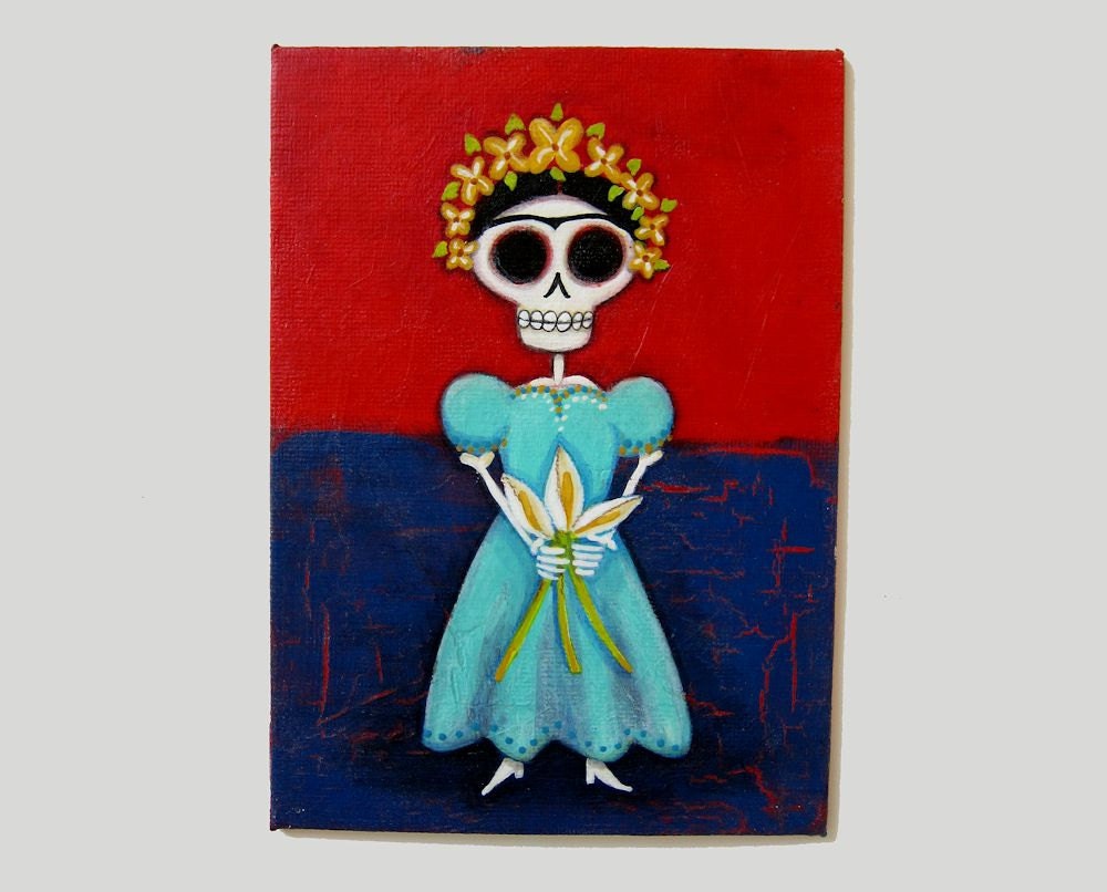 Frida holding calla lilies - an original skelly Frida painting
