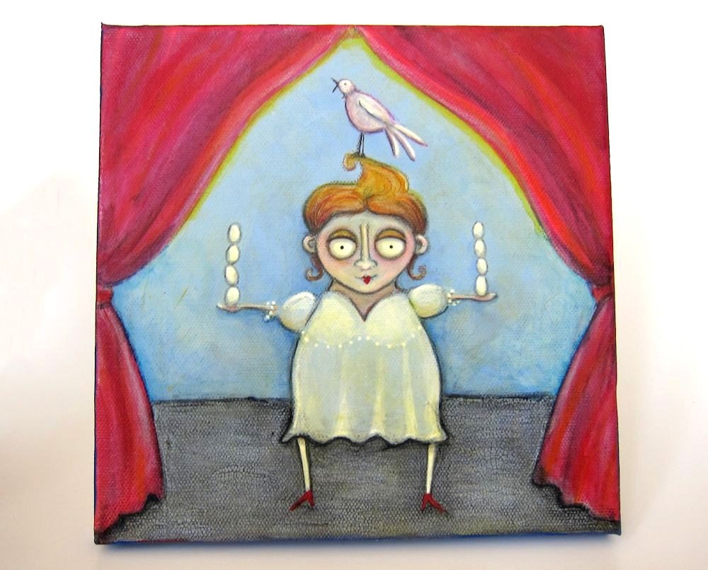 Esmeralda On-stage - an original painting of a lady holding eggs with a bird on her head