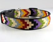 Southwestern chevron style dog collar in colorful plum, rust, olive green, maize yellow and vanilla-- you pick size