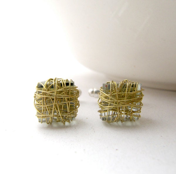 Gold cufflinks, recycled glass cufflinks, eco wedding gift, jewelry for men, square cufflinks
