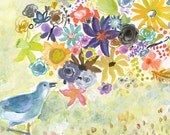 Bluebird Singing Flowers Archival Print
