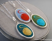 Hand Embroidered Jewelry, Itty Knitty Pendant Necklace with Yarn and Knitting Needles, Made to Order