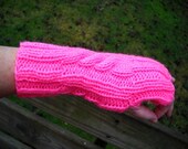 Fingerless Gloves, Vegan, Seamless, Vivid hot pink, Handknit cables, 1 Sz Adults Teens Tweens, Zesty fashion color