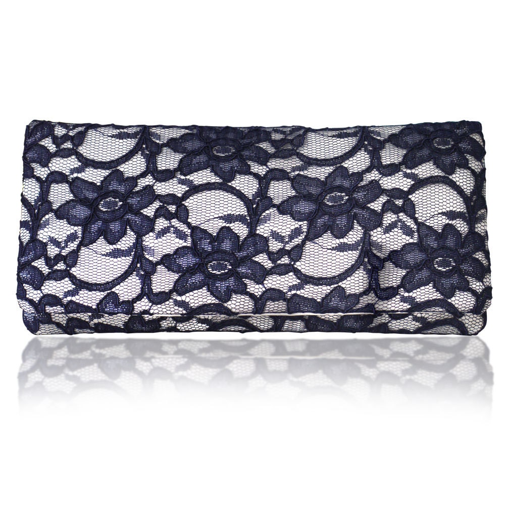 Ivory and navy lace Astrid simple clutch purse