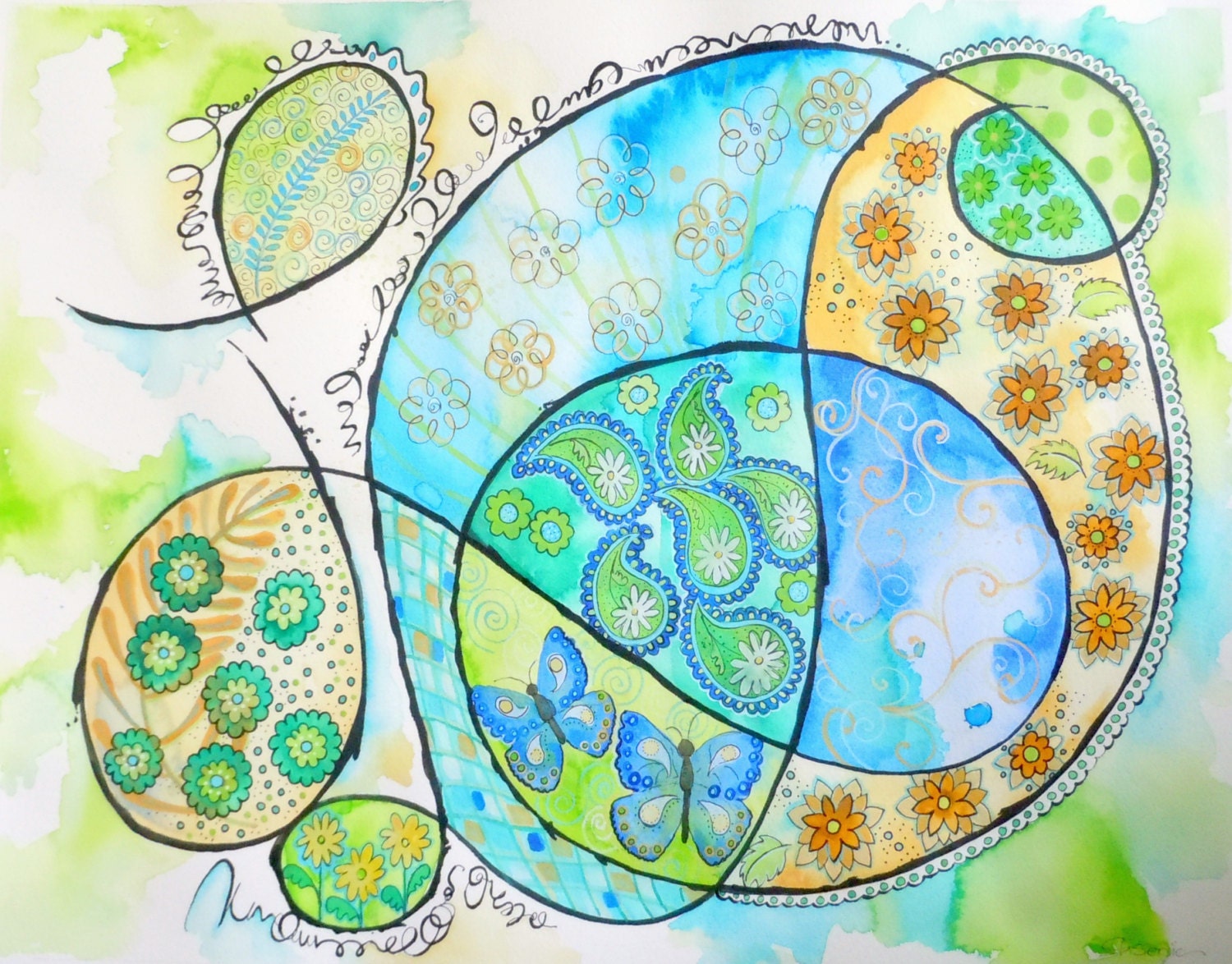 Paisley Watercolor Original Abstract Painting, Blue, Green Scribble  -  20 x 16 - "Paisley Scribbles"