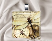 Pocket Watch and Dragonflies Glass Tile Pendant