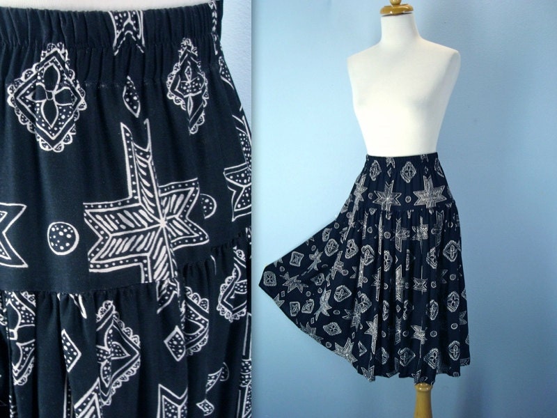 Southwestern Skirt / 80s Drop Waist Skirt / Black White Skirt / m