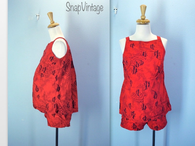 Vintage 60s Maternity Swimsuit / 1960s Red Bathing Suit Two Piece / small