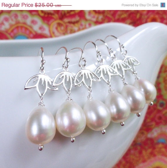 ON SALE Sterling Silver Pearl Earrings, Pearl Drop Earrings, Bridesmaid gifts, silver lotus earrings, cherry blossom, freshwater pearl earr