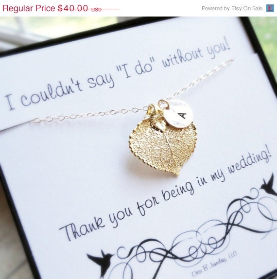 ON SALE Personalized Bridesmaid gift, Bridesmaid thank you card, Gold Leaf Necklace, Initial charm necklace, monogram necklace