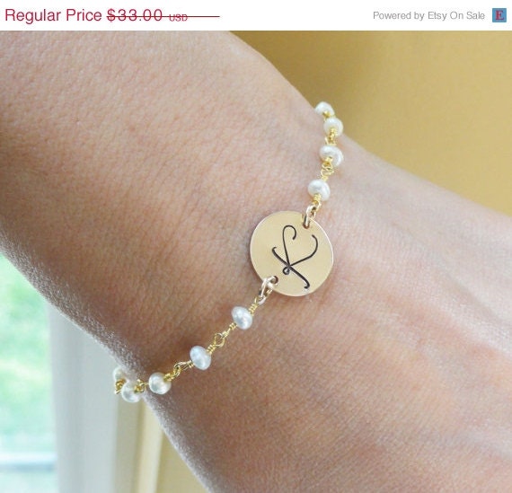 ON SALE Pearl ID bracelet, Monogram bracelet, bridesmaid gift, Script Font Initial Bracelet, Letter charm bracelet