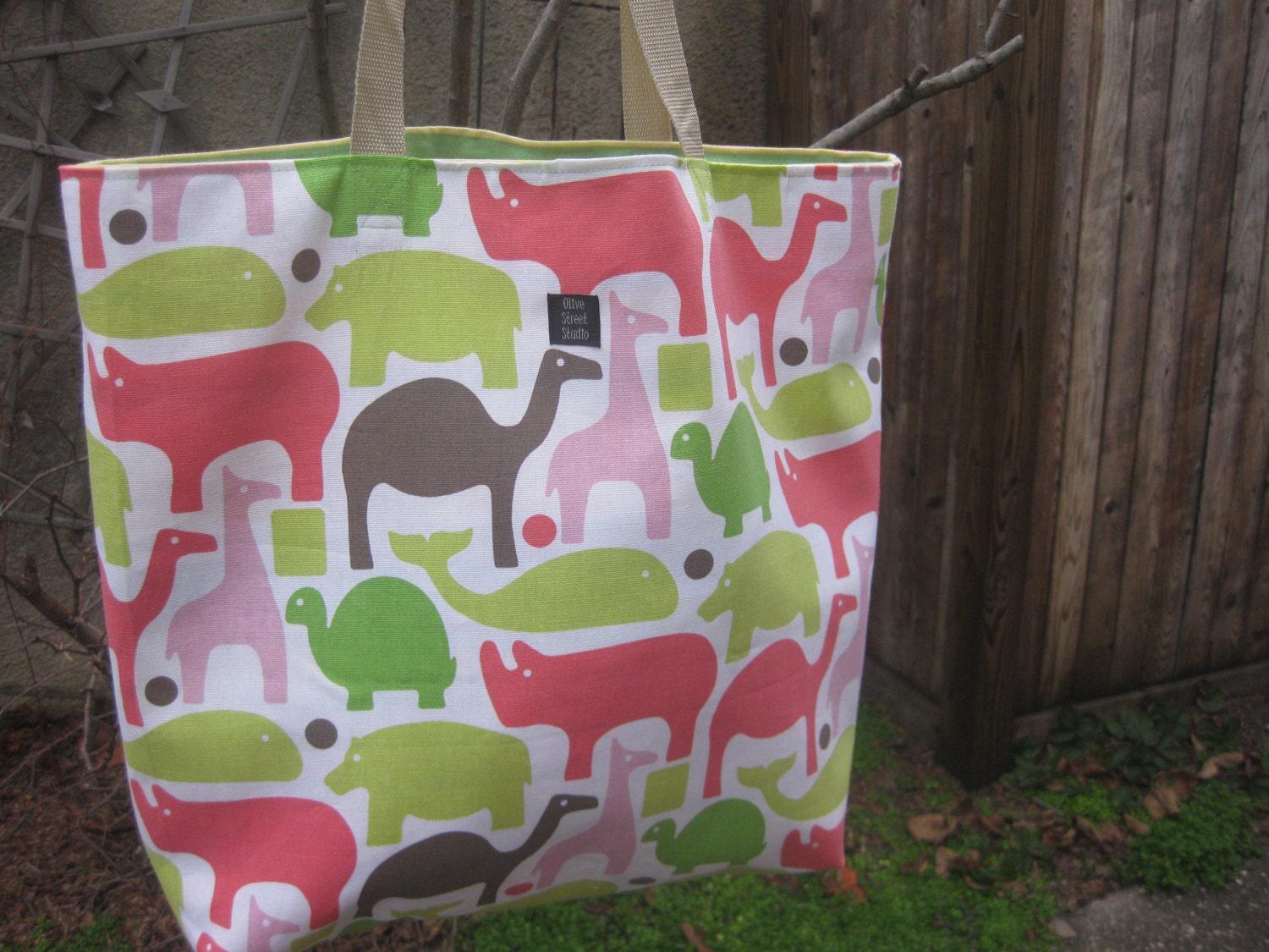 Diaper bag or beach bag large tote in animal fabric with bright stripe REVERSIBLE giraffe, rhino, turtle, whale, camel, bear LAST ONE