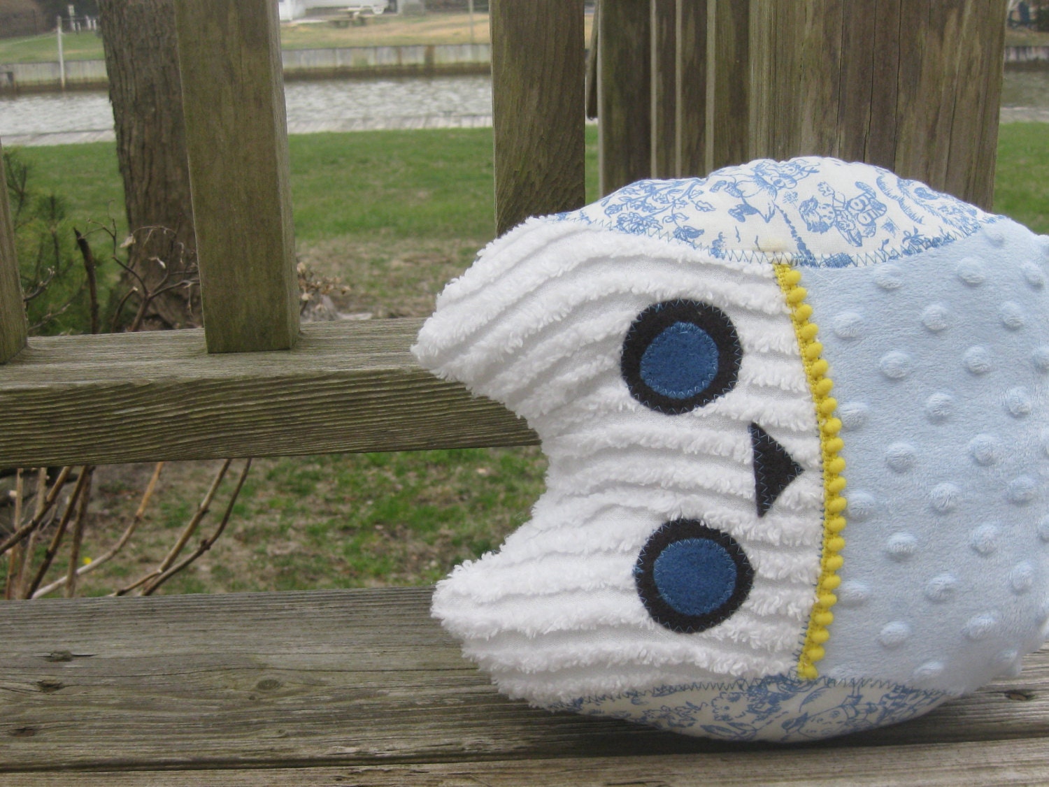 Owl pillow white and blue with yellow and nursery rhyme fabric wings