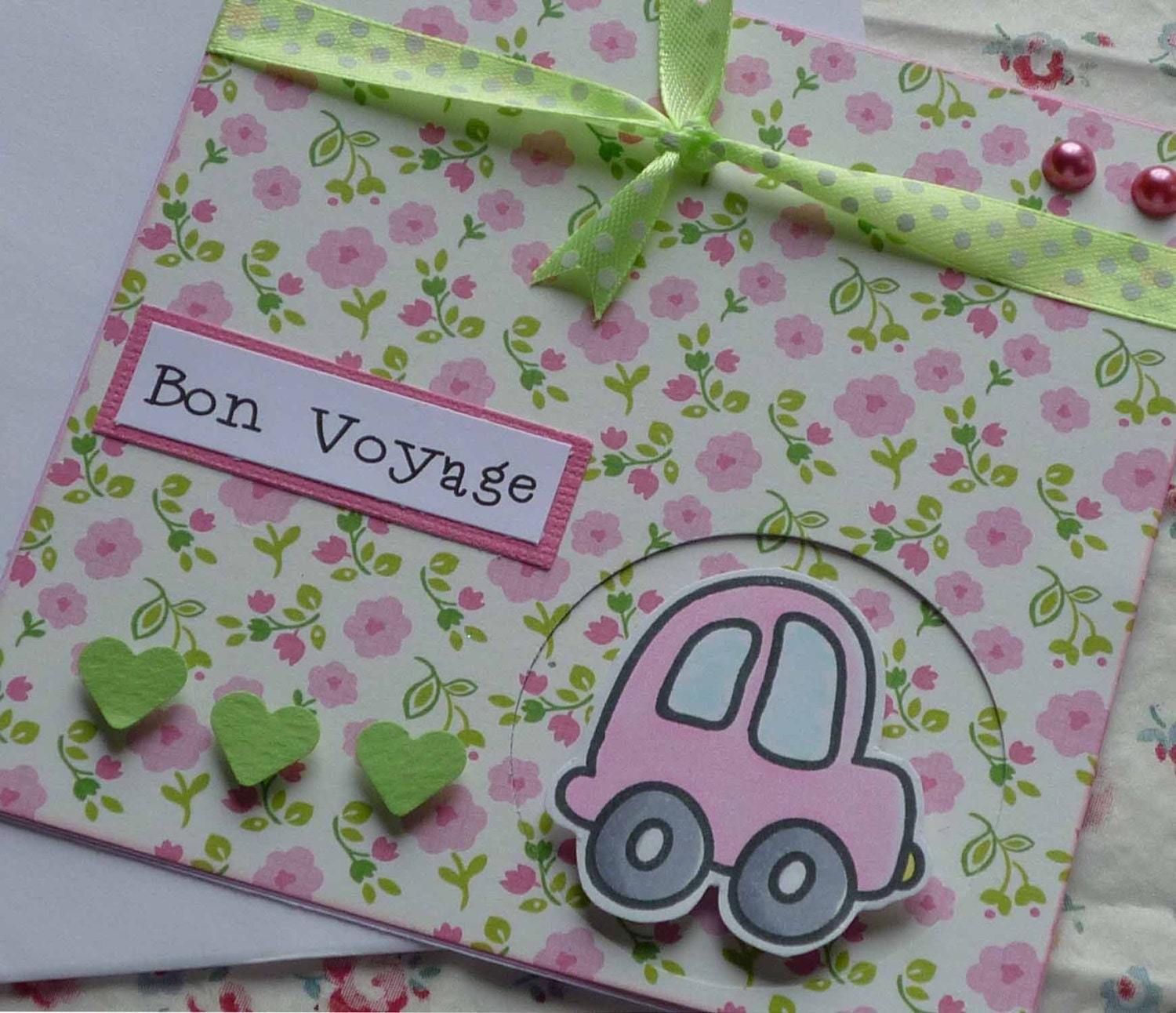 BON VOYAGE - Handmade blank greeting card with sweet little pink CAR