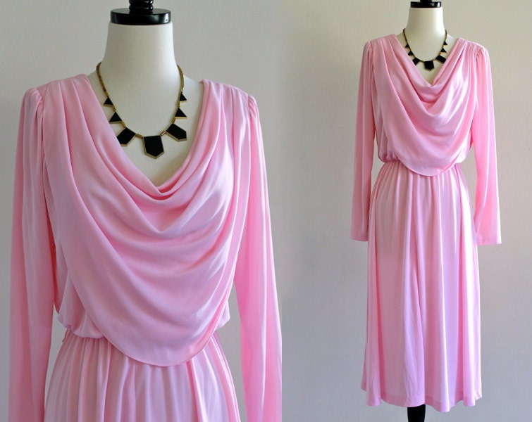 70s Bubble Gum Pink Draped Disco Secretary Costume Theme Dress by Claralura . ML . D166 . No.45.1.16.13