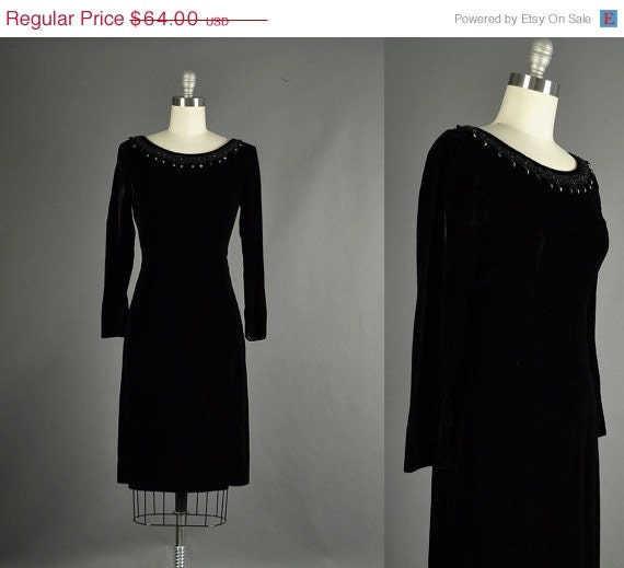 25% Off Sale Vintage 1950s Dress, 50s Dress wiggle black velvet designer beaded cocktail party dress