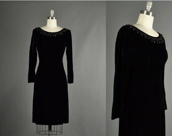 25% Off Sale Vintage 1950s Dress, 50s Dress wiggle black velvet designer beaded cocktail party dress