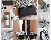 Madison Damask Wedding Ring Pillow, Flower Girl Basket, Candles, Garters, Guest Book, Pen, Flutes, Cake Set, 15Pc Black and White Damask