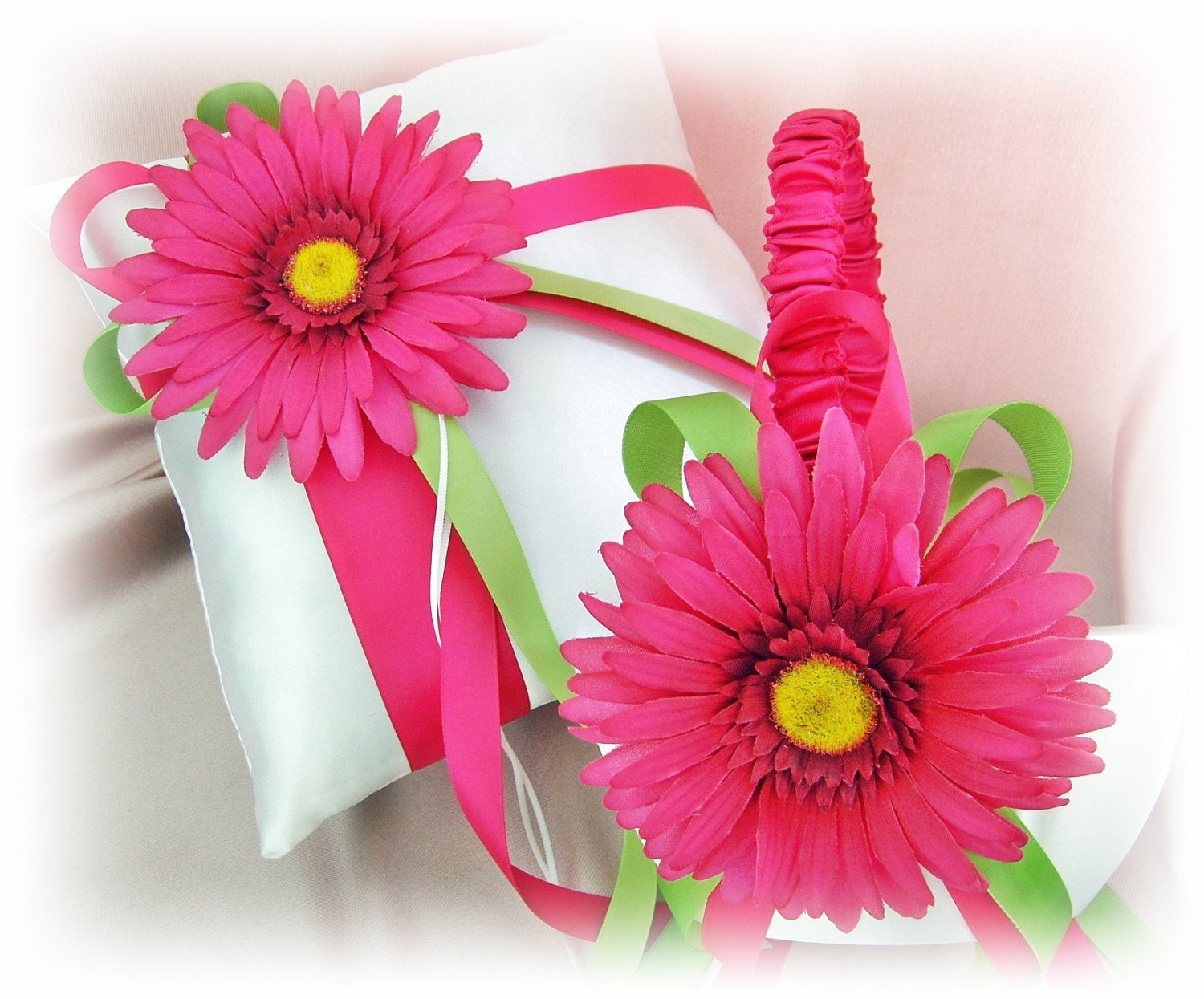 Gerber Daisy Ring Pillow Basket - Spring Wedding Flower Girl Basket  Ring Bearer Pillow, Fuchsia and Green Wedding Ceremony Decor