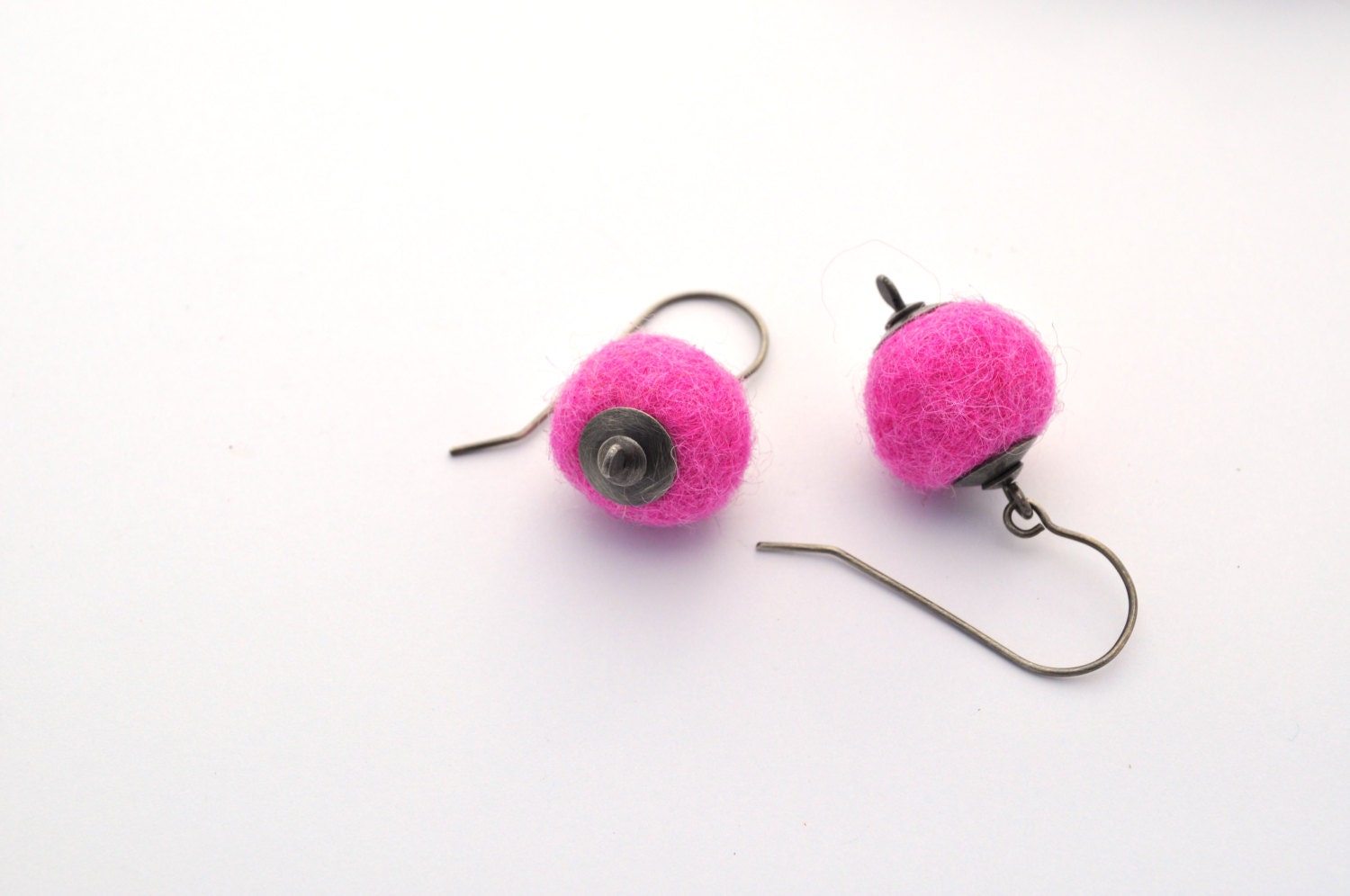 Pink Earrings, Felted Ball and Silver Earrings, Short and Light Earrings