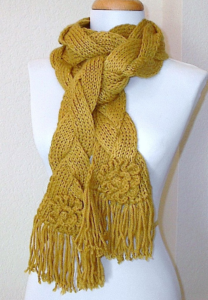 Braided Scarf with Flowers in Mustard color