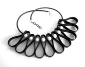 black and white bib necklace, rubber and pearl geometric fashion statement, contemporary design glam necklace,