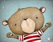 Art  Print, Bear, Brown, Red Stripes, Night, Turquoise, Stars, Illustration, Shine Bright