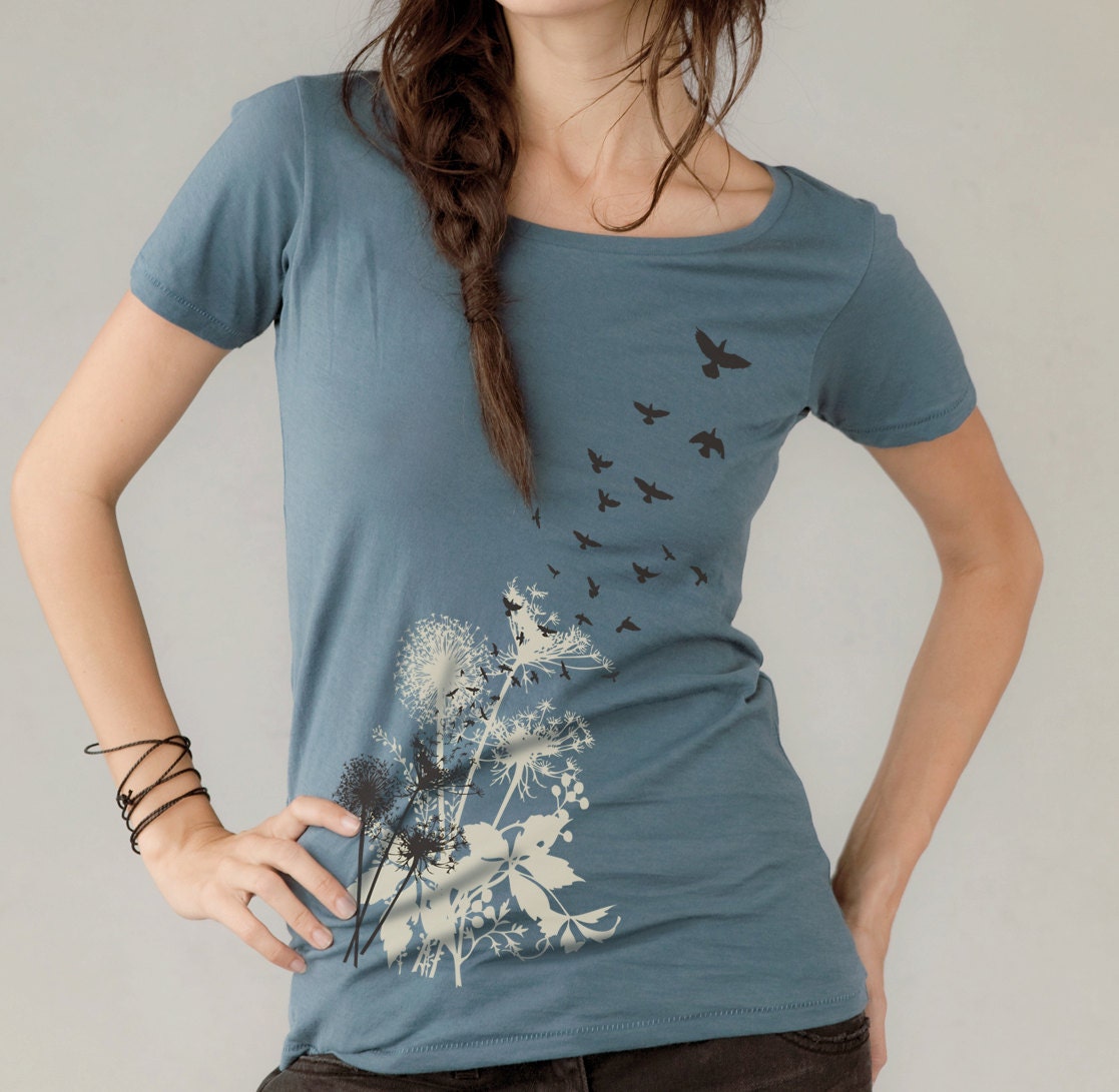 Women's t-shirt, Dandelions, Birds in Flight Women's Organic Short Sleeve t-shirt,  Dusty Blue