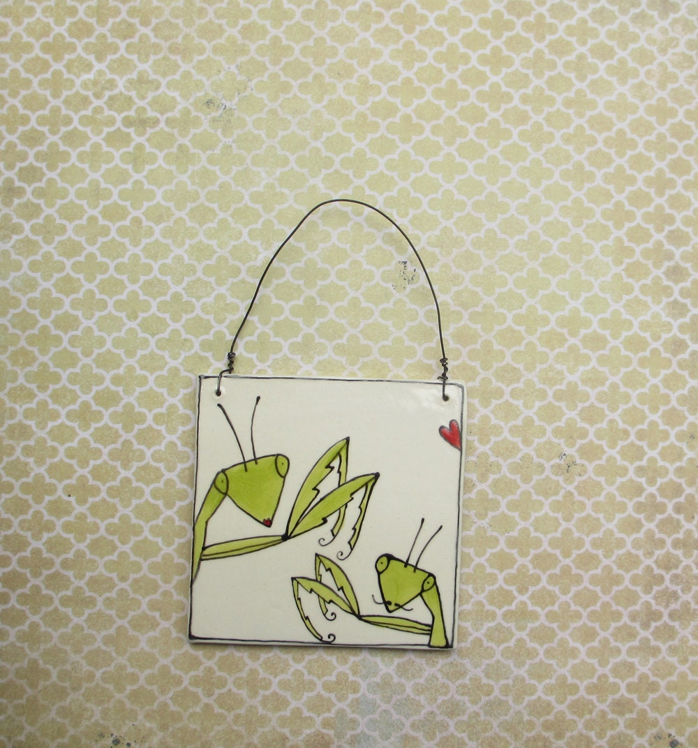 Praying mantis tile, hanging insect plaque, garden art, bride and groom gift