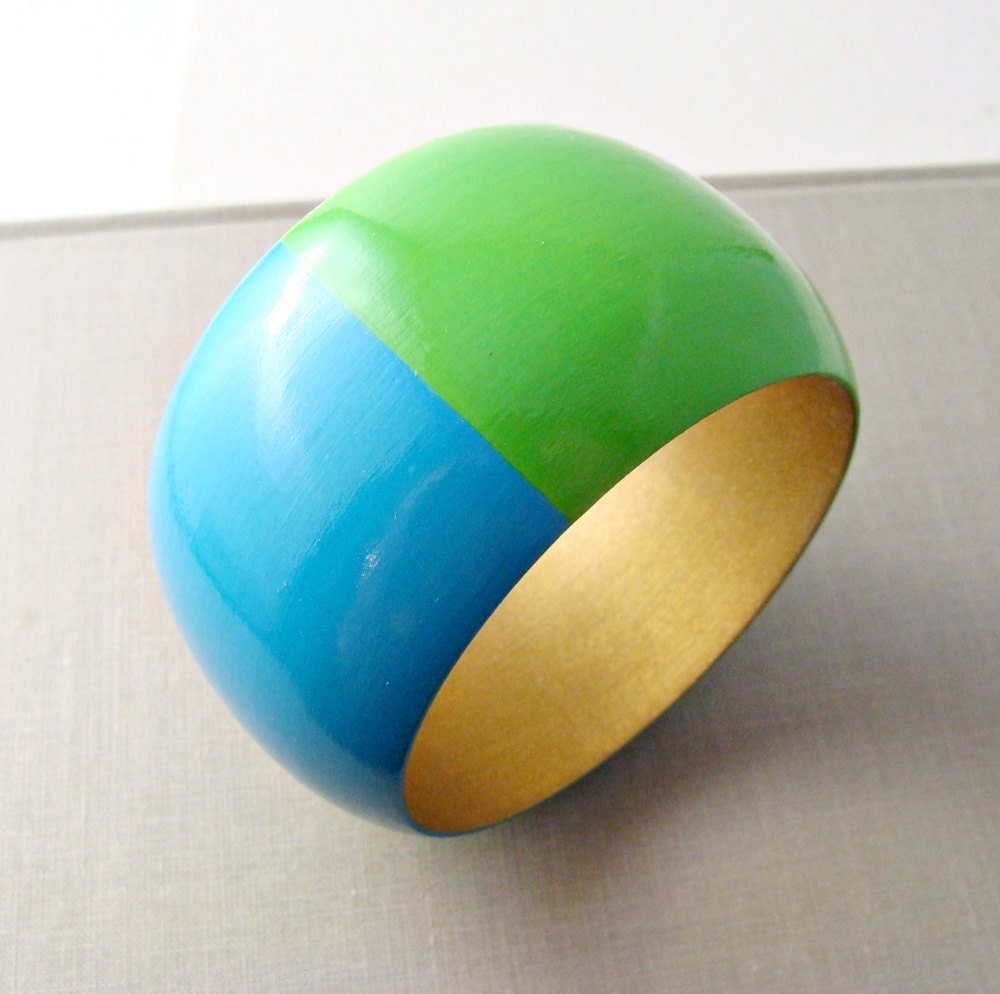 Large Hand Painted Wooden Bangle Bracelet Teal Apple Green Blue Turquoise
