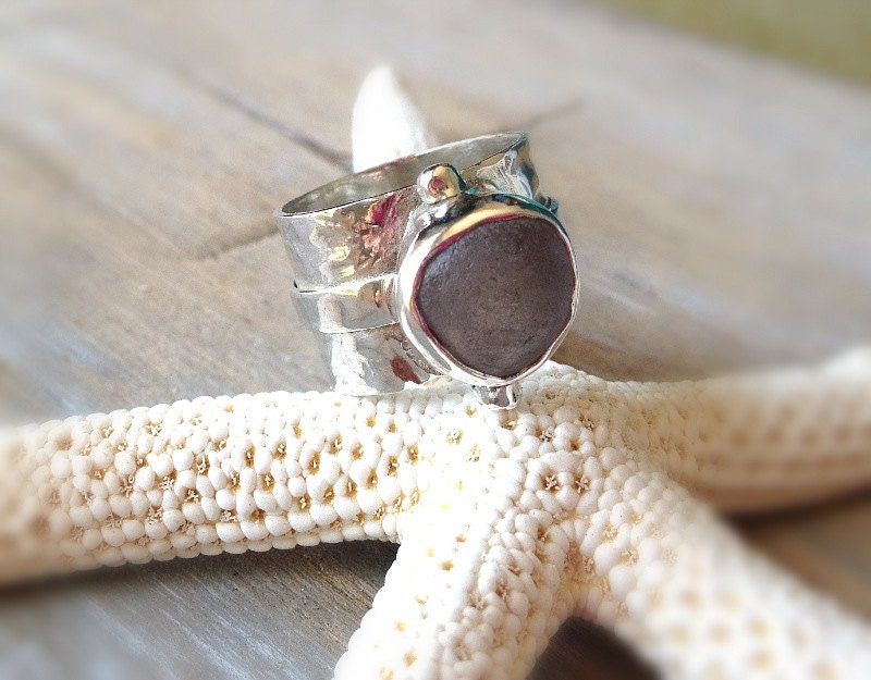 Sea Glass Ring Sterling Silver Wide Band Rustic Ring Lavender Sea Glass