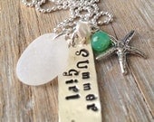 Sea Glass Necklace with Hand Stamped Silver Tag and Semi Precious Stones