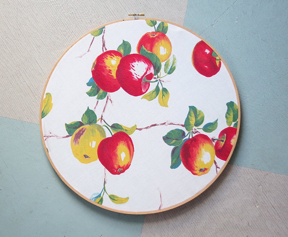 1940s Apple Fabric Swatch Portrait Large Embroidery Hoop Art
